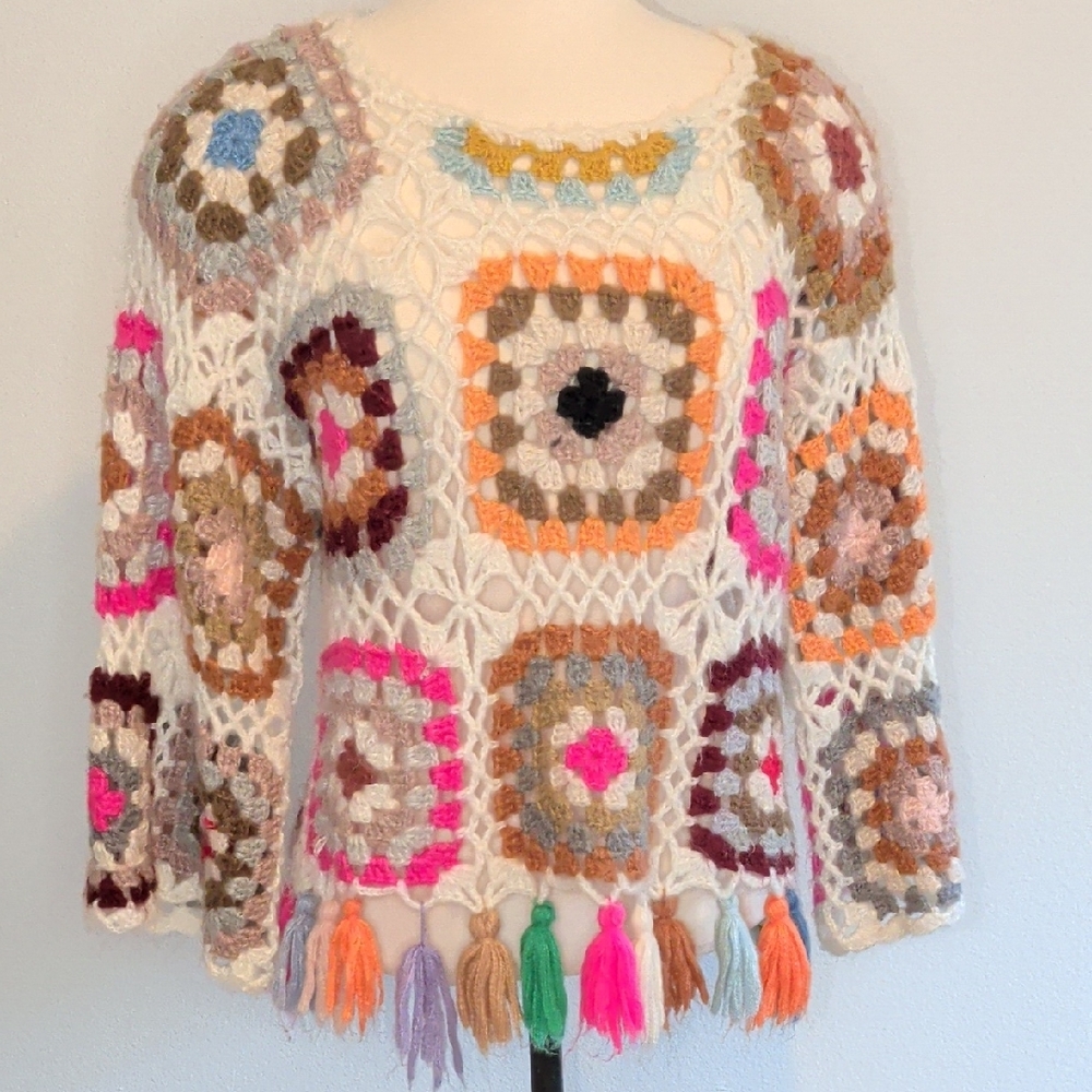 Crochet Patchwork Fringe Sweater - Multi Color - image 6